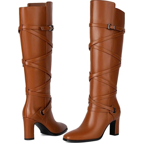 LGQ Shoes Shoes - New Tall Knee-High Boots Brown Faux Leather Side Zip Block Heel Size 10